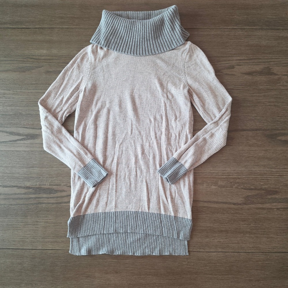 LOFT Gray White Striped Cowl Neck Tunic Sweater Ribbed Knit Size M